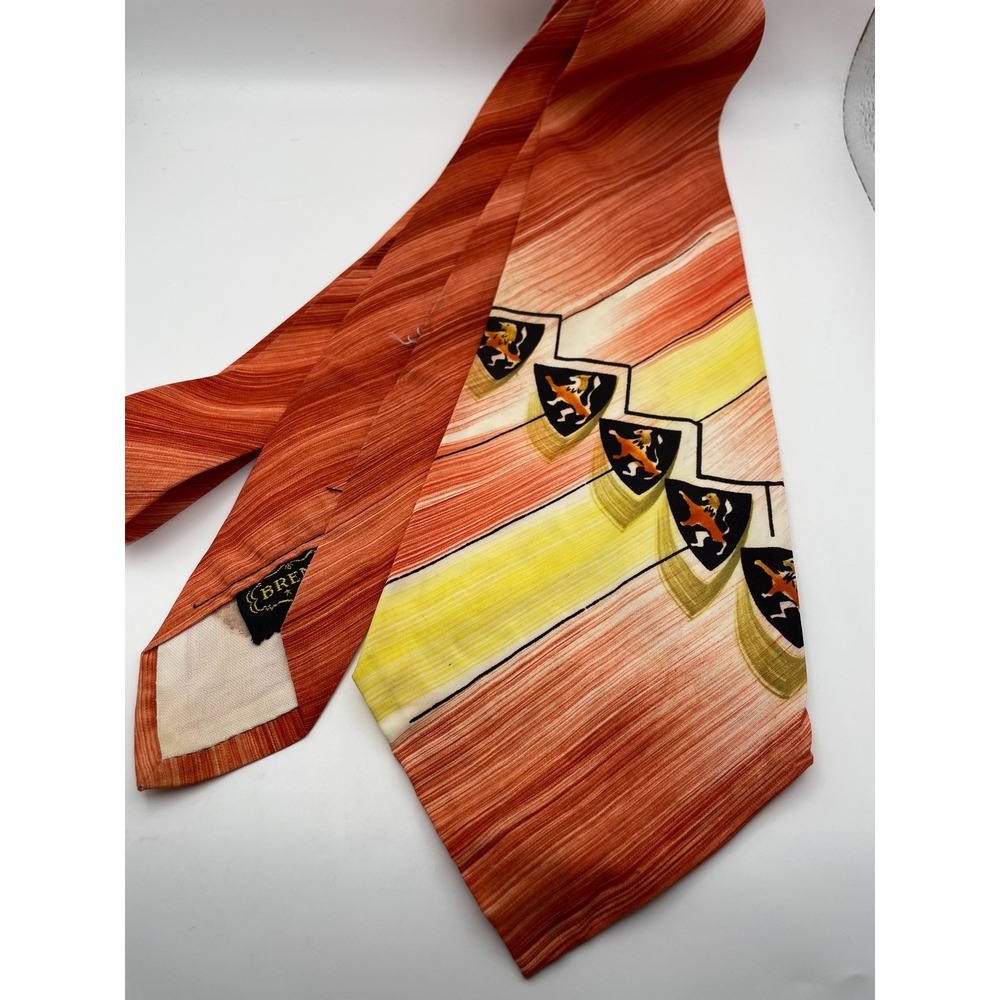 Vintage Brent Mens Tie Orange Yellow Crest Lion Hand Painted MCM 1950s 60s Wide